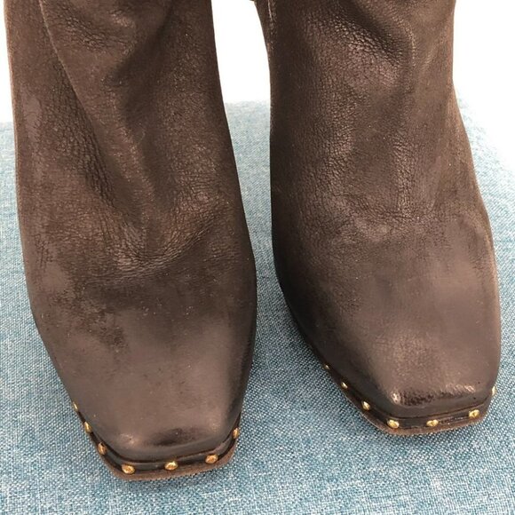 Miu Miu Black Leather Heeled Booties w Gold Studs and Studded Belt Detail size 8 - Picture 8 of 12